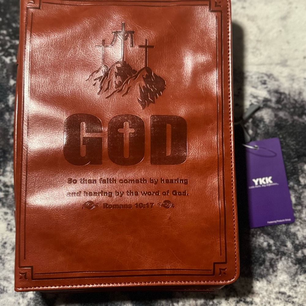 Egiant Bible Cover Case Brown Faux Leather with YKK Zipper Christian“GOD” - Picture 5 of 11